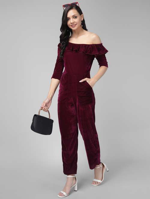 women maroon velvet full leg jumpsuit - 21286706 - Standard Image - 0
