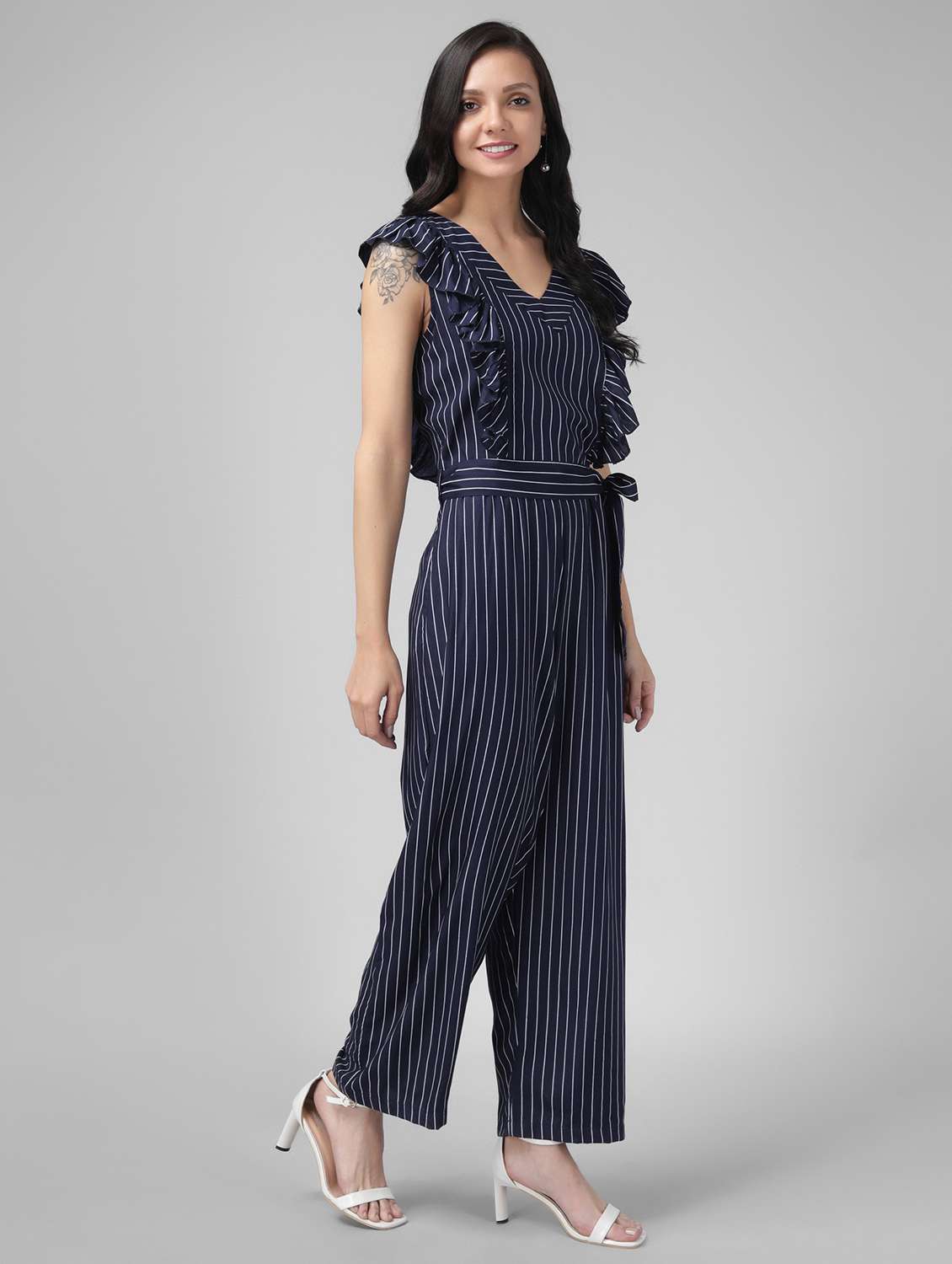 navy blue rayon full leg jumpsuit - 21286708 -  Standard Image - 1