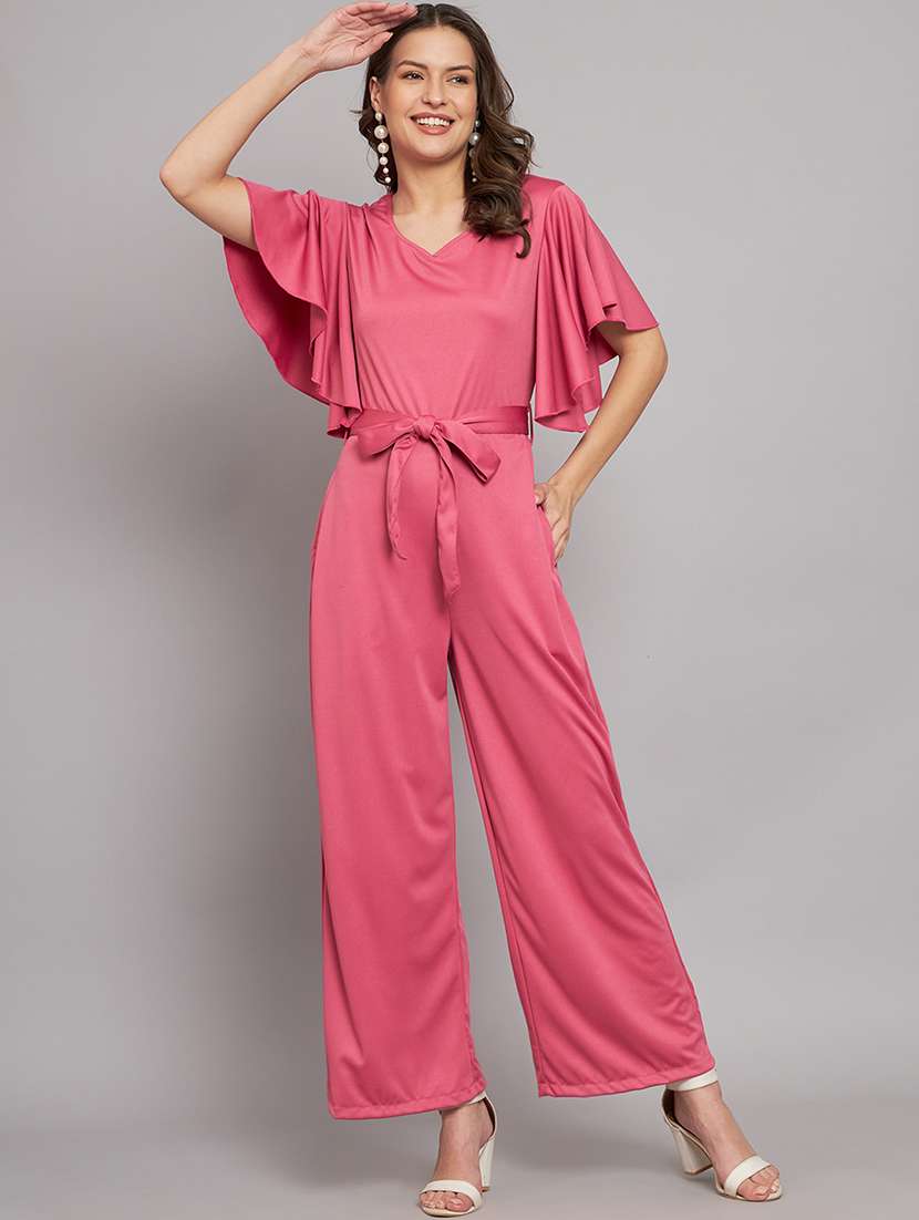 pink cotton blend full leg jumpsuit