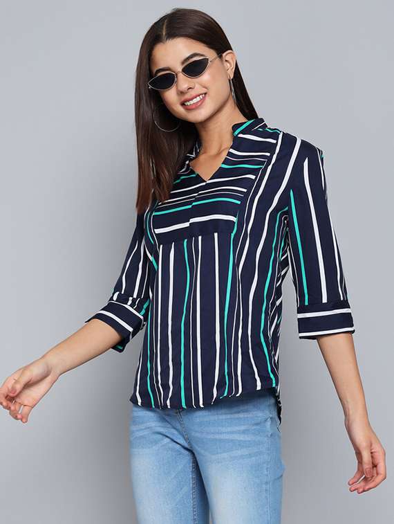navy blue striped crepe shirt style top - 21286749 -  Standard Image - 1