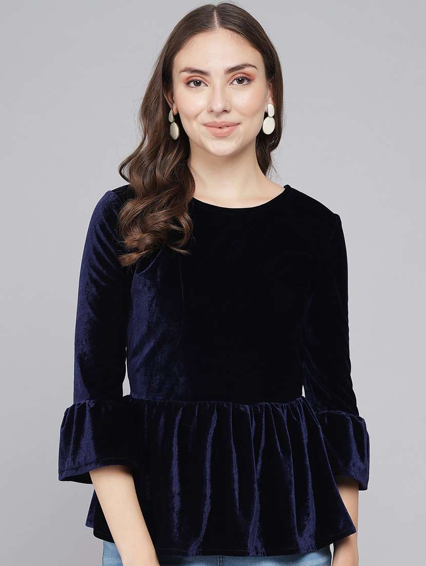 women navy blue velvet peplum top