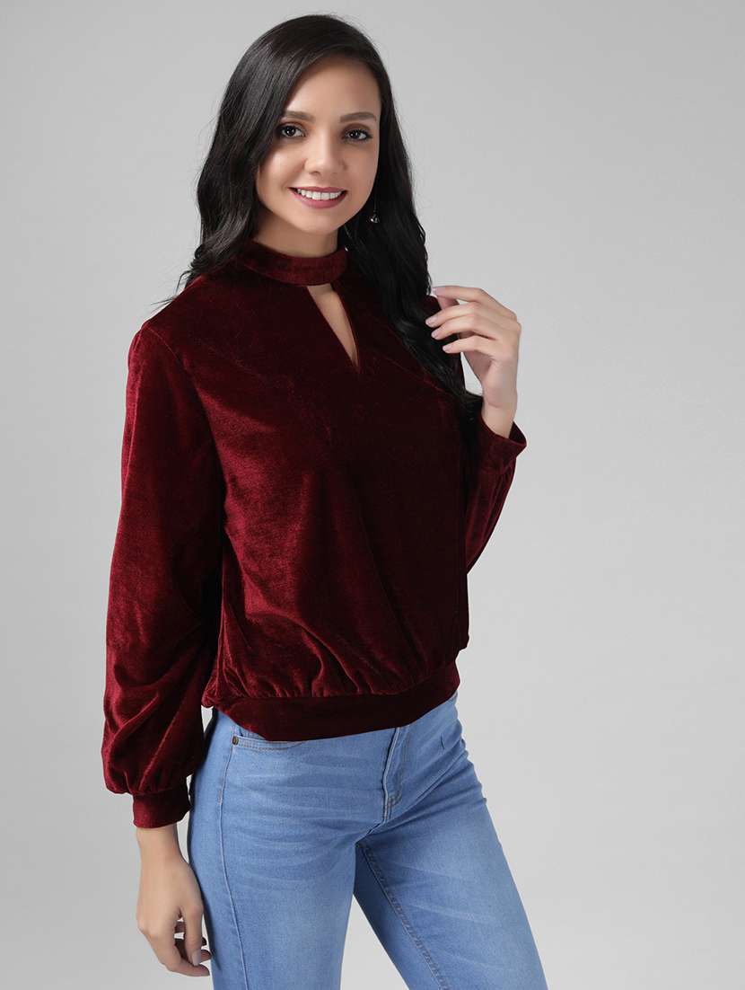women maroon velvet regular top