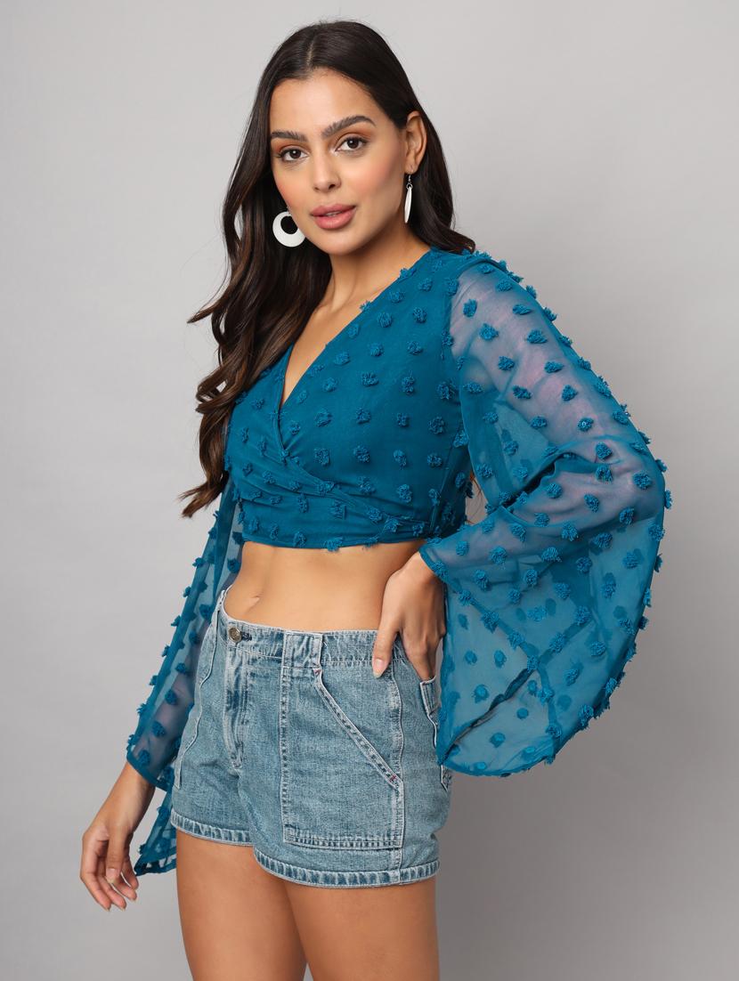 teal self design georgette wrap top - 21286793 - Standard Image - 1