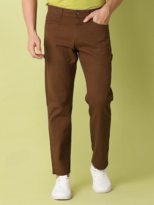men brown solid cotton casual trouser - 21286991 - Standard Image - 0