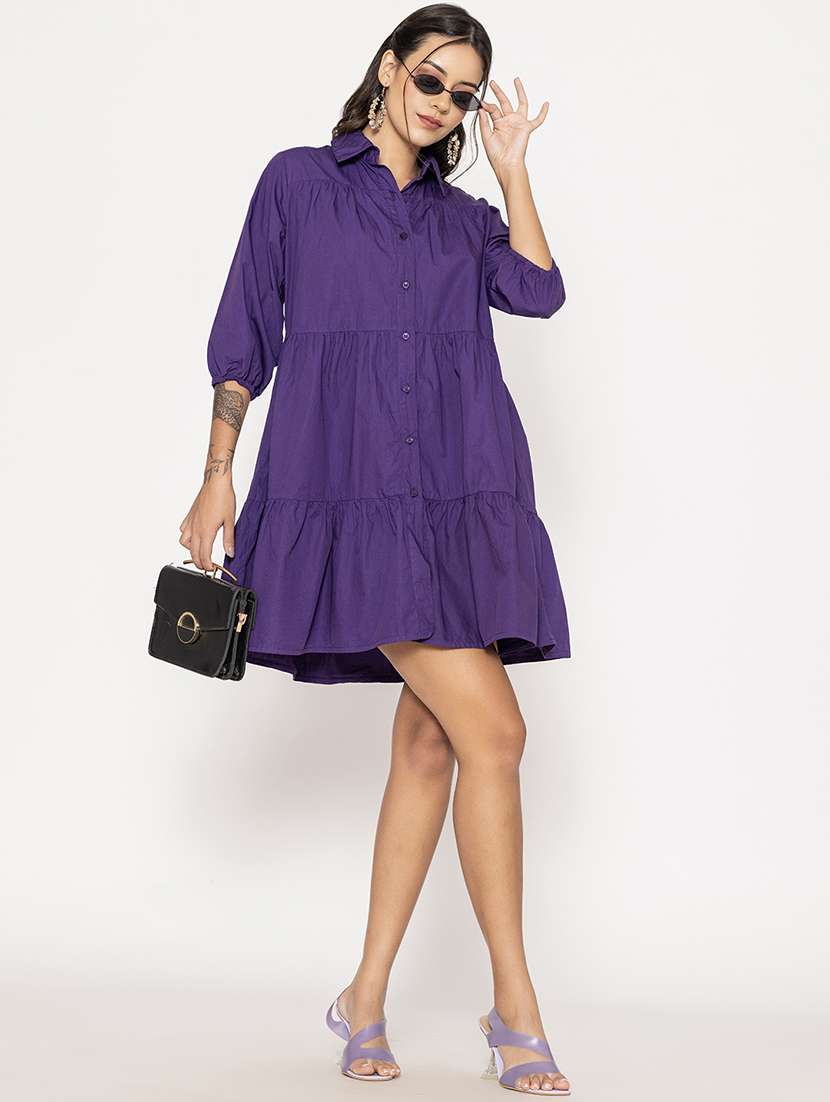 women shirt collar solid tiered dress