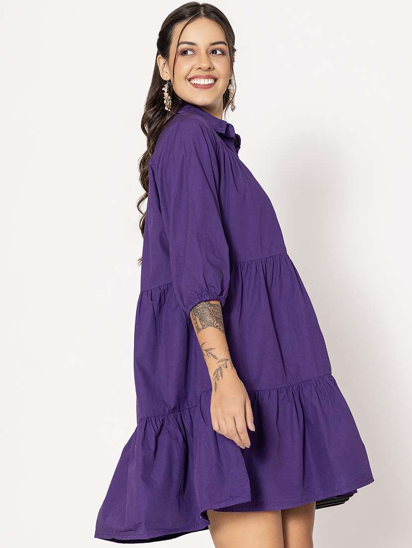 Women Shirt Collar Solid Tiered Dress