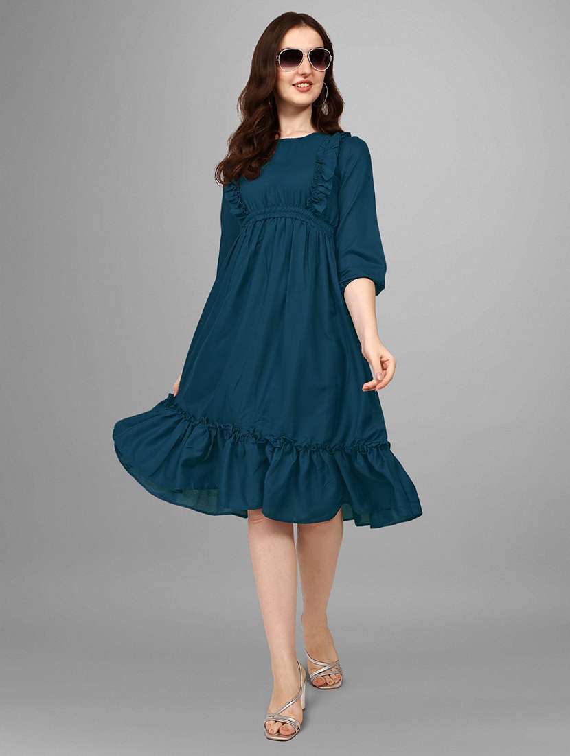 women teal solid tiered dress