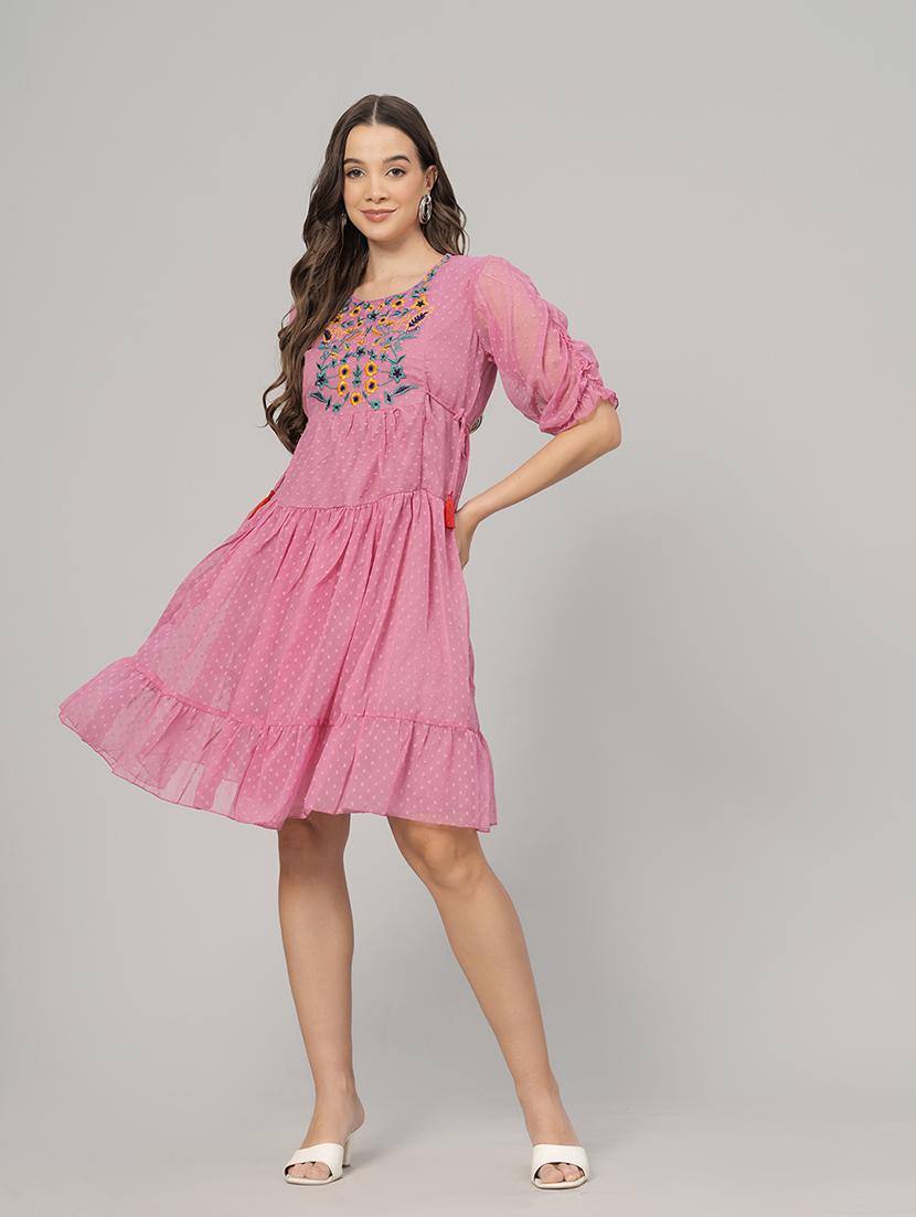 embroidered tiered fit & flare dress - 21288419 - Standard Image - 1