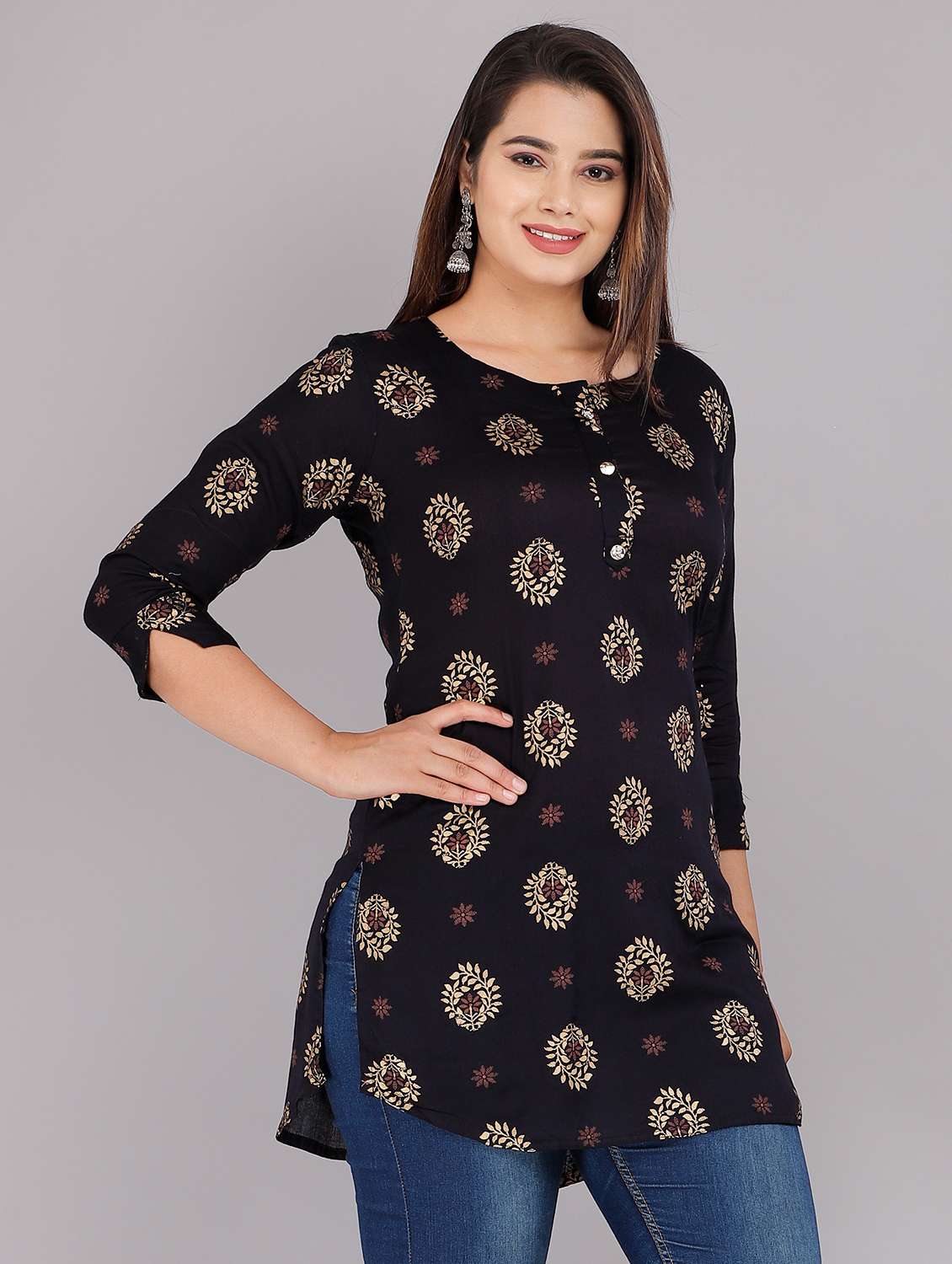 women three quarter sleeve straight kurti - 21288826 - Standard Image - 1