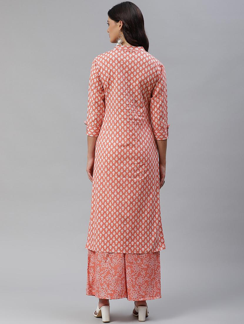 women peach printed kurta palazzo set set - 21288881 - Standard Image - 1