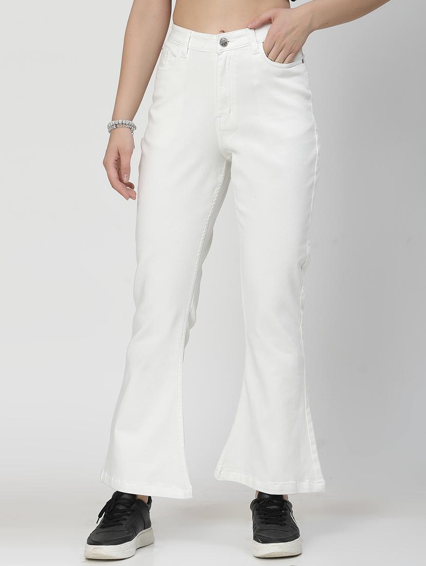 white cotton blend bootcut jeans