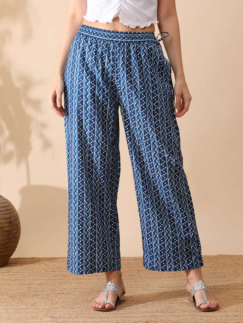 globus women blue all over printed straight palazzo with side tassel drawstring