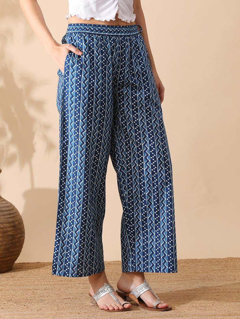 globus women blue all over printed straight palazzo with side tassel drawstring - 21290654 - Standard Image - 1