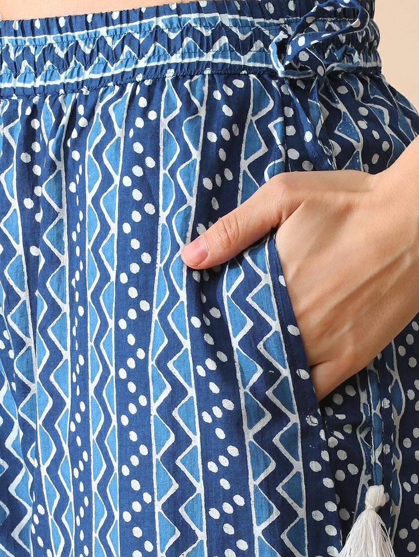 globus women blue all over printed straight palazzo with side tassel drawstring - 21290654 - Standard Image - 4