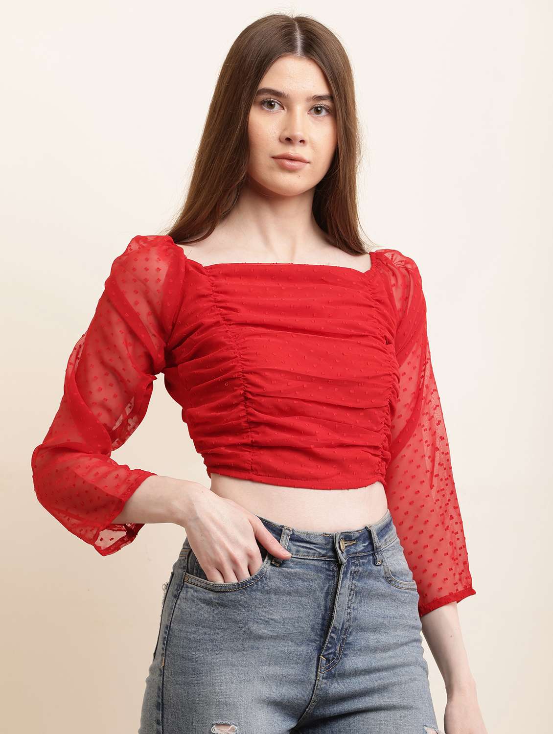 women solid puff sleeves ruched crop top