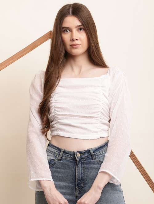 women solid puff sleeves ruched crop top - 21290679 -  Standard Image - 0