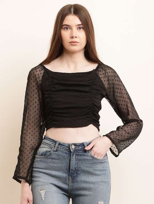 women solid puff sleeves ruched crop top - 21290680 -  Standard Image - 0