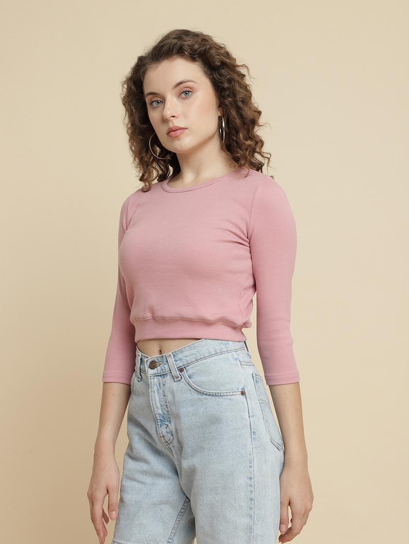 peach cotton blend crop tshirt - 21290771 - Zoom Image - 0