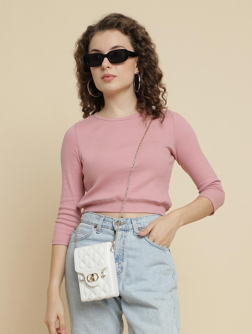 peach cotton blend crop tshirt - 21290771 -  Standard Image - 1