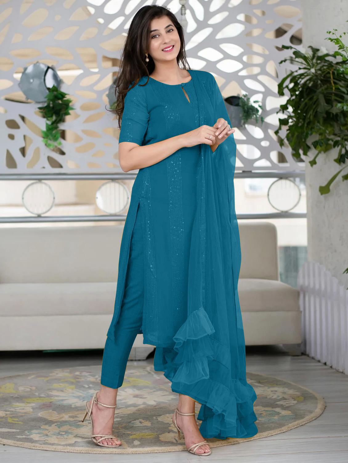 blue self design suit set - 21291018 - Standard Image - 1