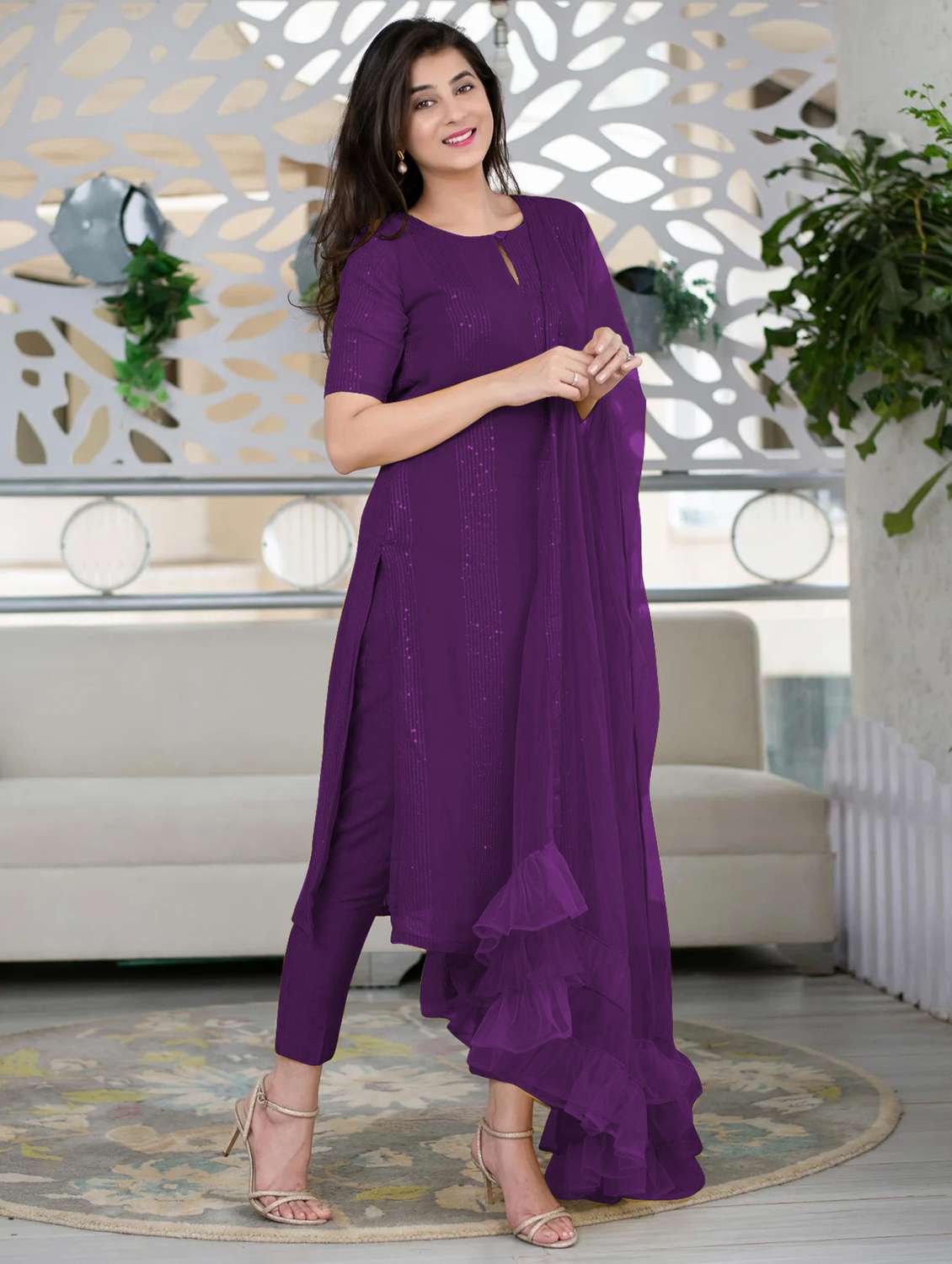 purple self design suit set - 21291020 - Standard Image - 1