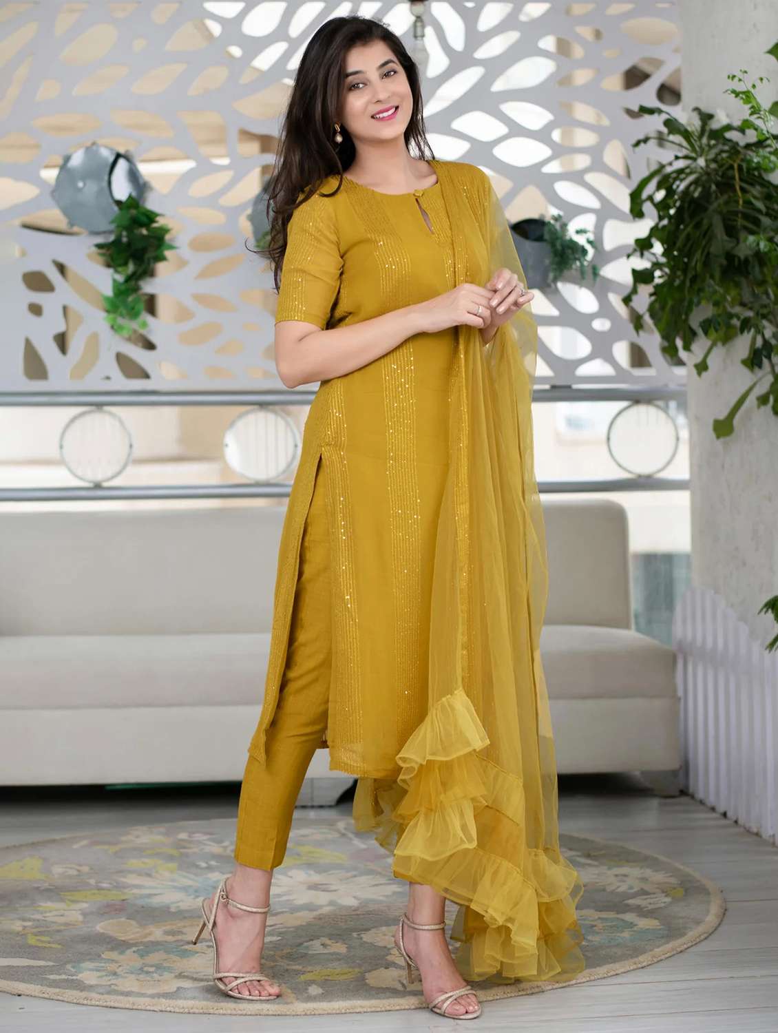 mustard self design suit set - 21291023 - Standard Image - 1