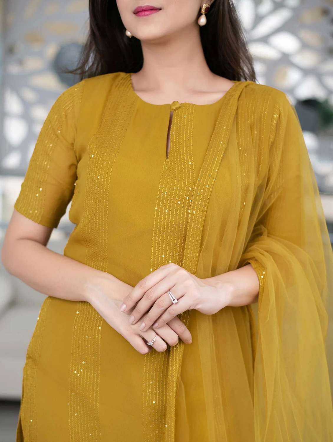 mustard self design suit set - 21291023 - Standard Image - 4