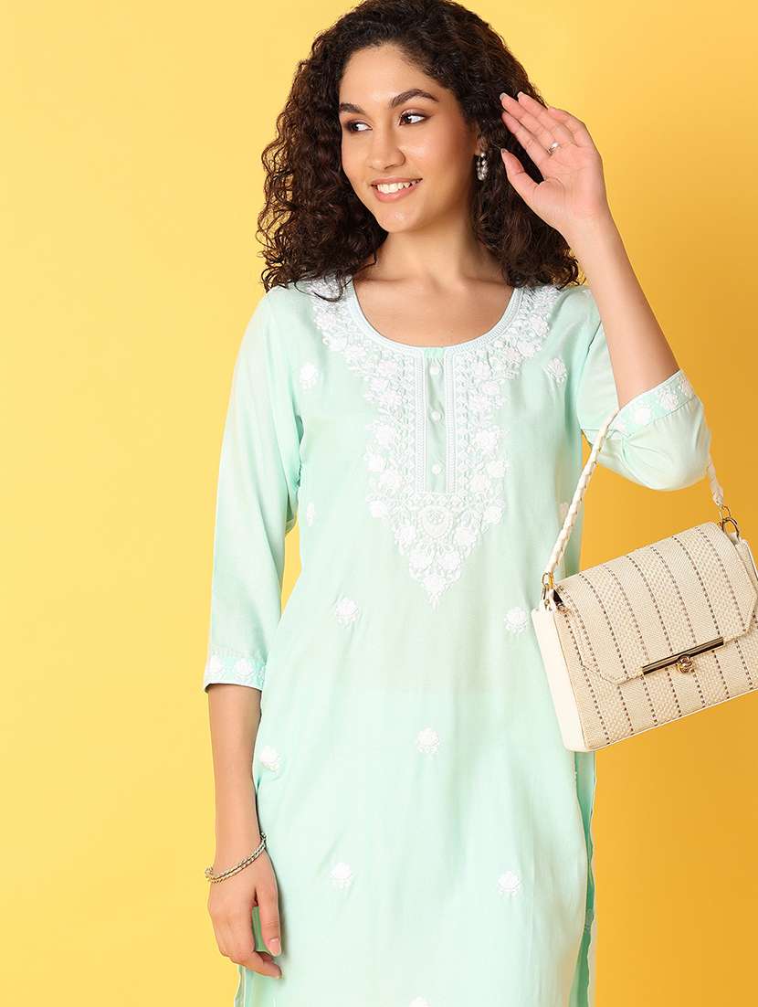 women sea green rayon straight kurta - 21292313 -  Standard Image - 4