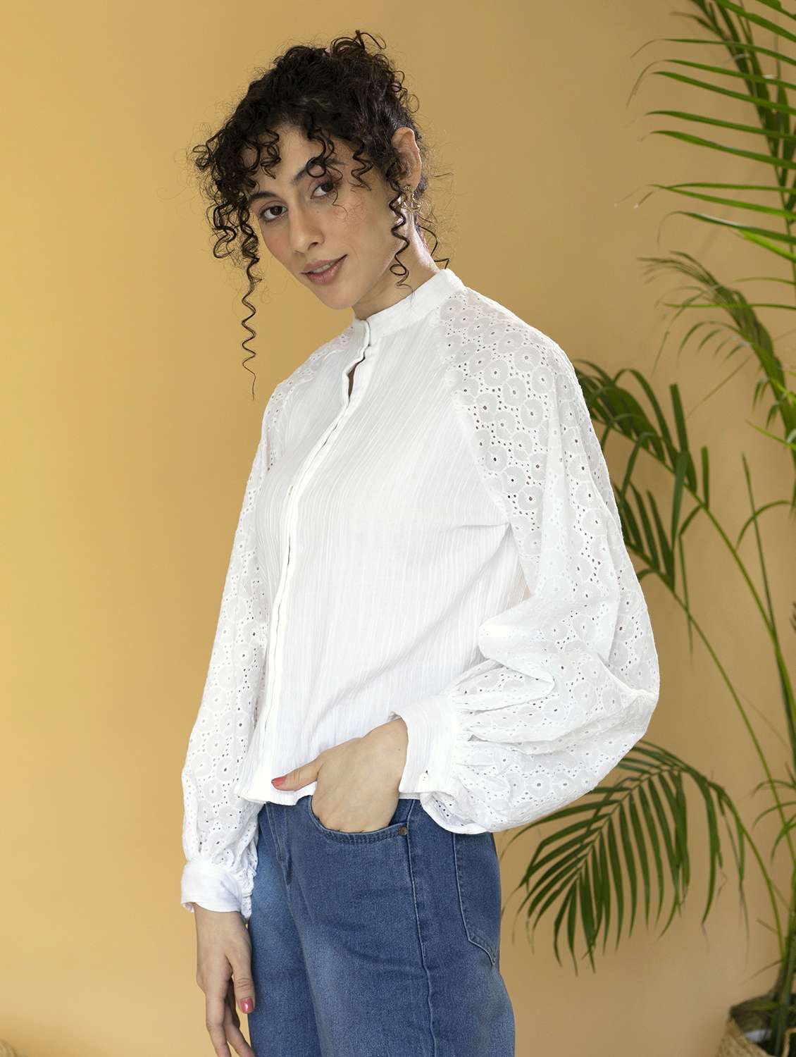 women optic white regular fit mandarin neck schiffli top - 21295244 -  Standard Image - 1