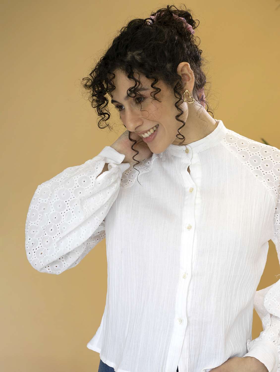 women optic white regular fit mandarin neck schiffli top - 21295244 -  Standard Image - 4