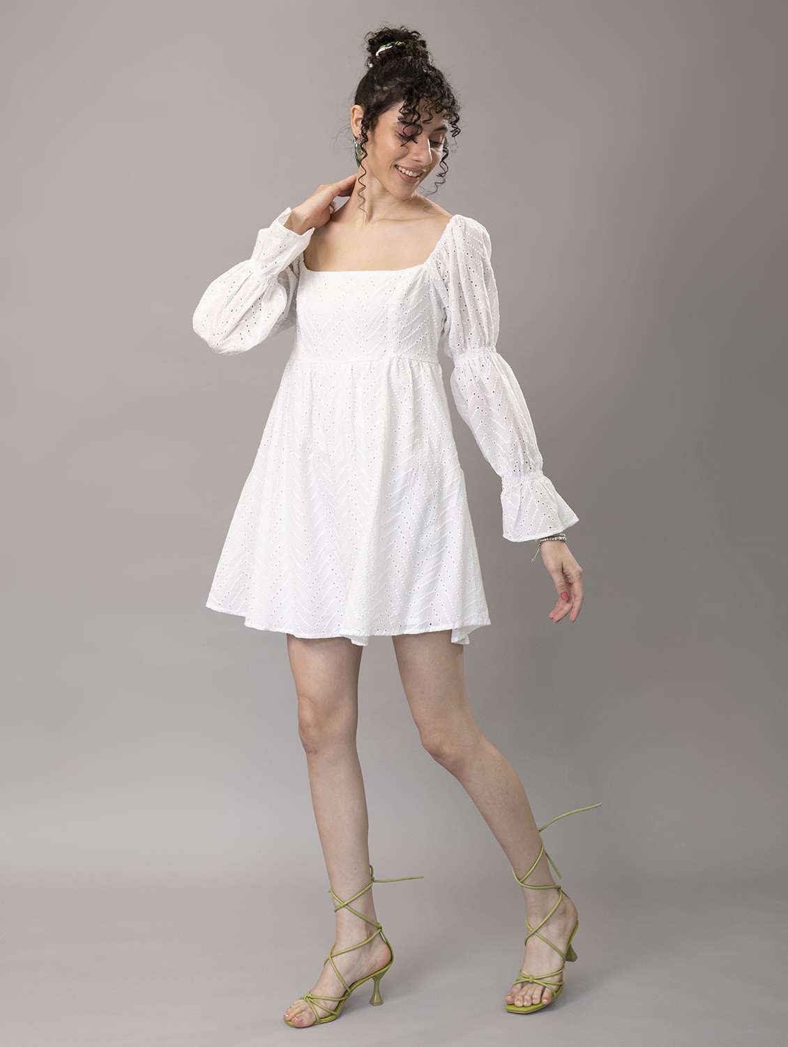 women puff sleeves schiffli a-line dress - 21295437 -  Standard Image - 1