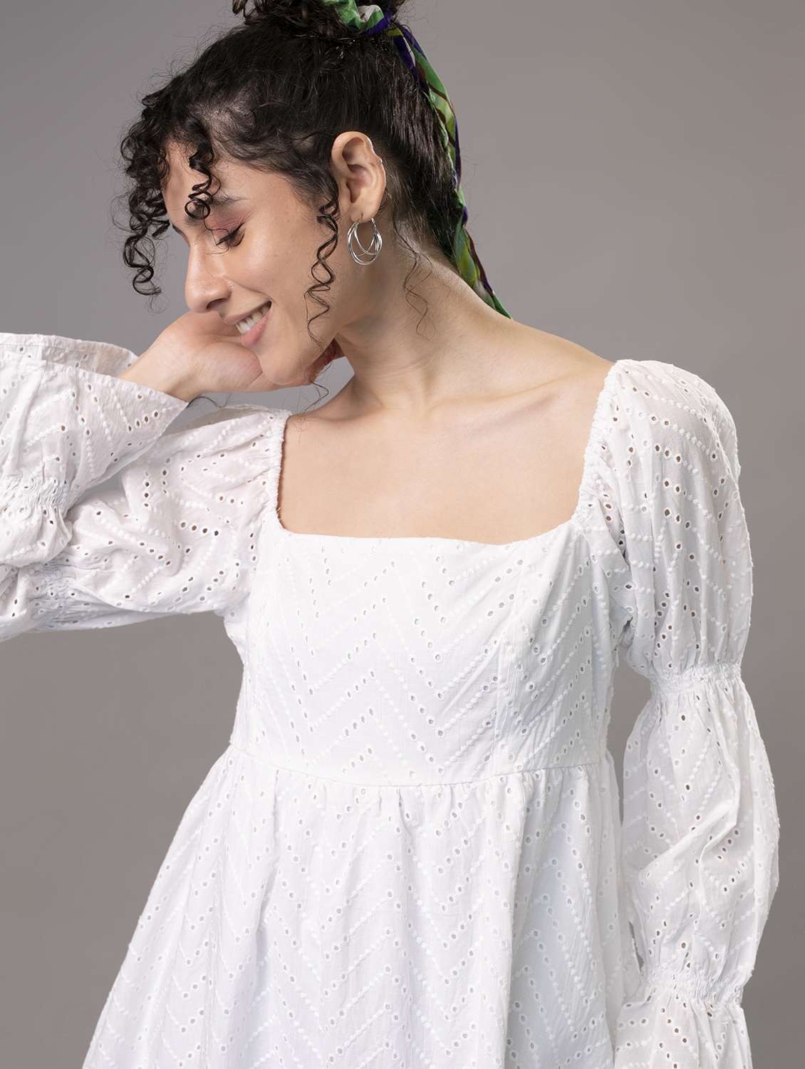 women puff sleeves schiffli a-line dress - 21295437 - Standard Image - 4