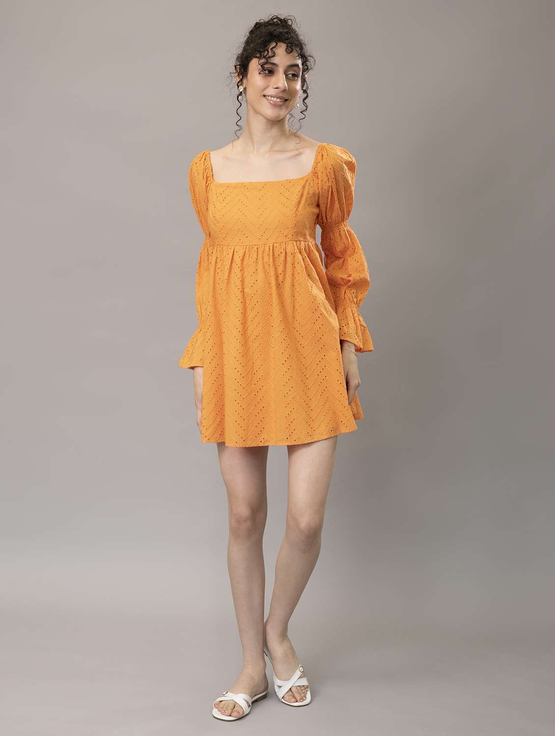 women puff sleeves schiffli a-line dress - 21295438 - Standard Image - 1