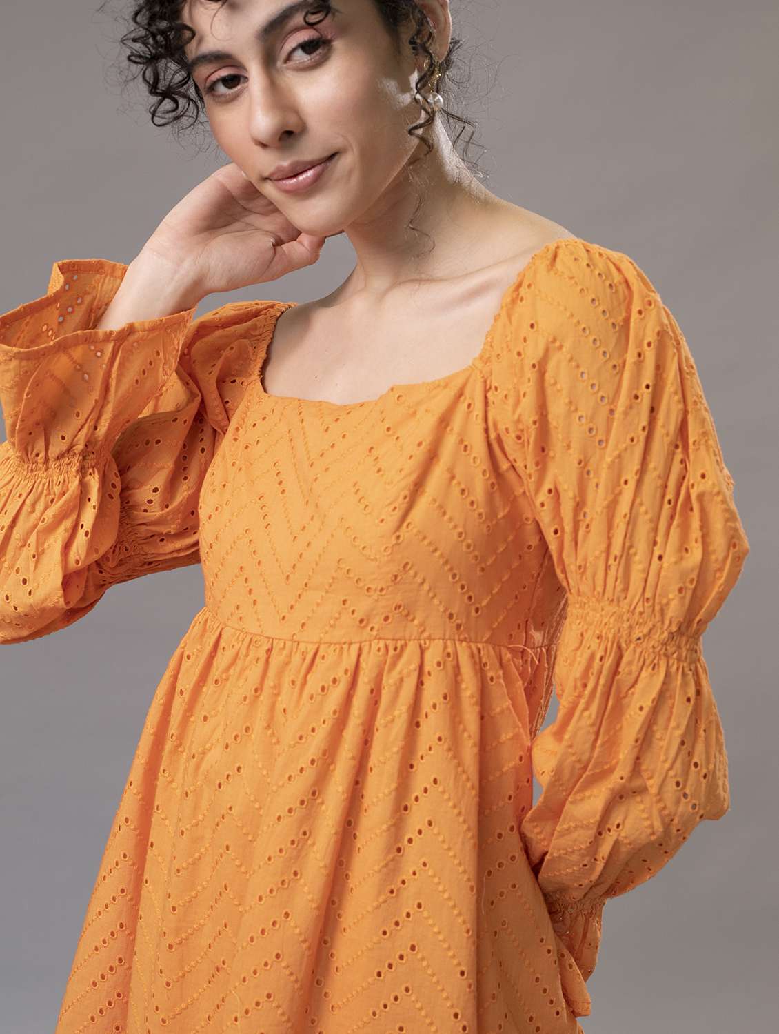 women puff sleeves schiffli a-line dress - 21295438 - Standard Image - 6