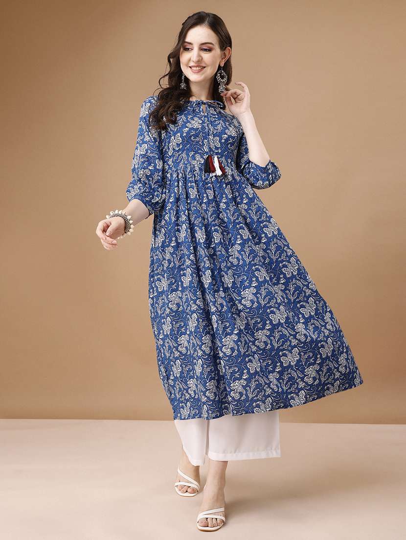 blue cotton blend flared kurta - 21295462 - Standard Image - 1