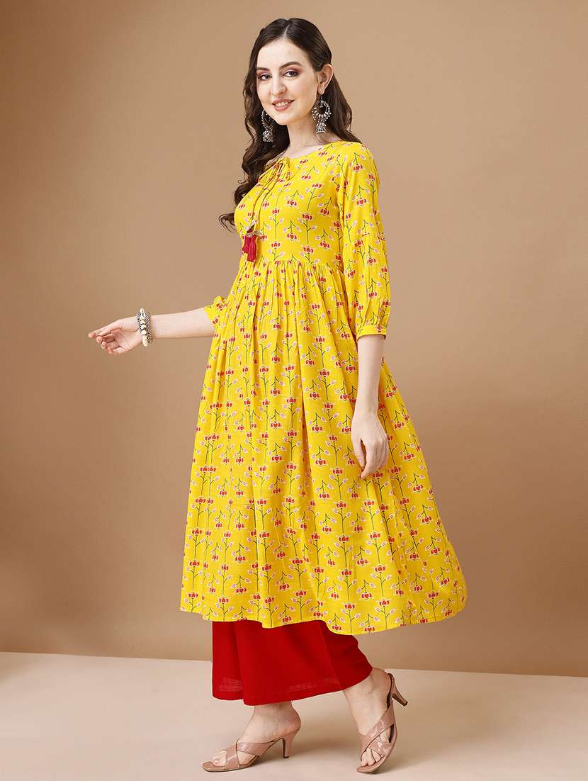 yellow cotton blend flared kurta - 21295465 -  Standard Image - 1