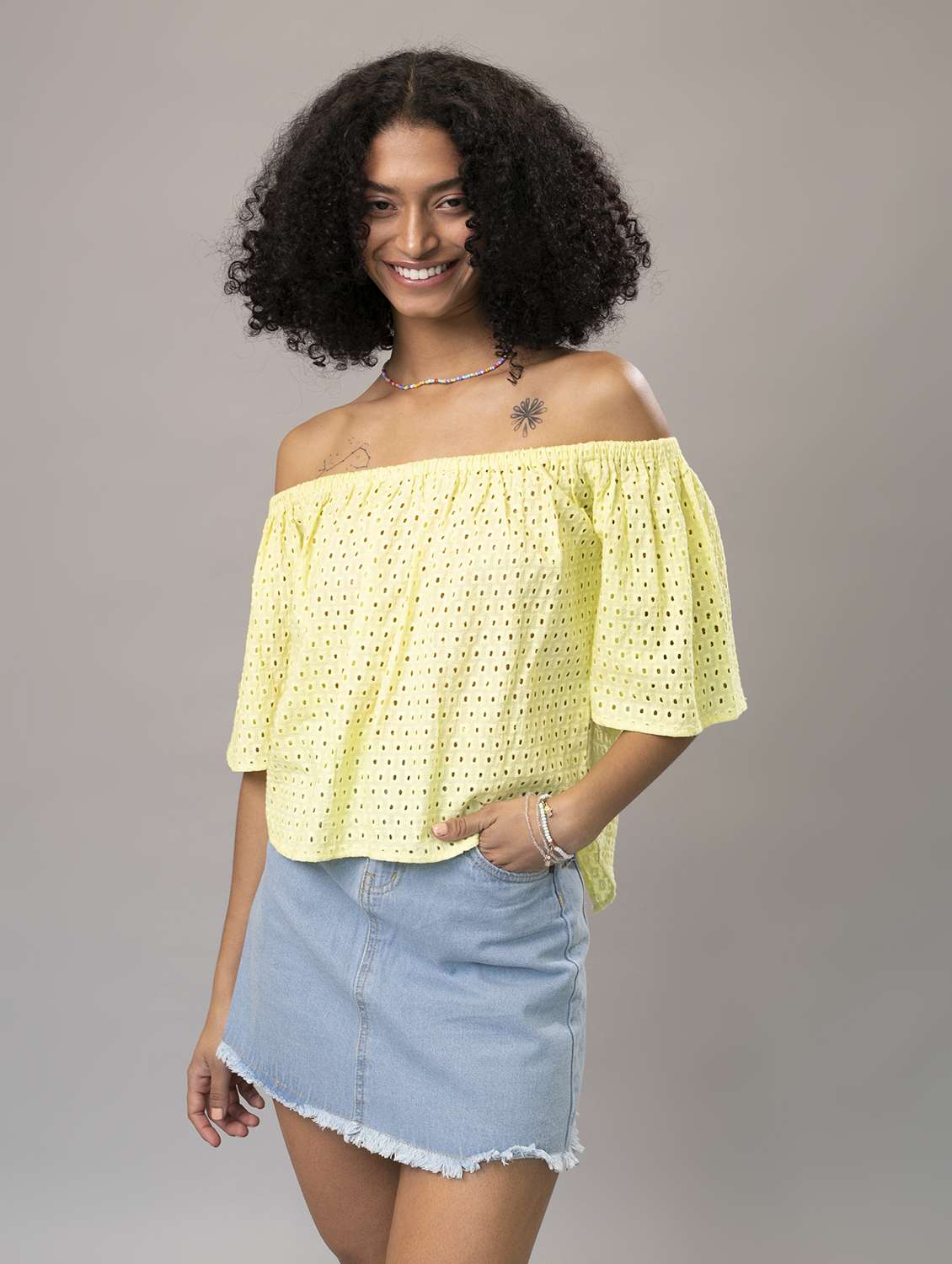 women off shoulder schiffli top - 21295516 - Standard Image - 1