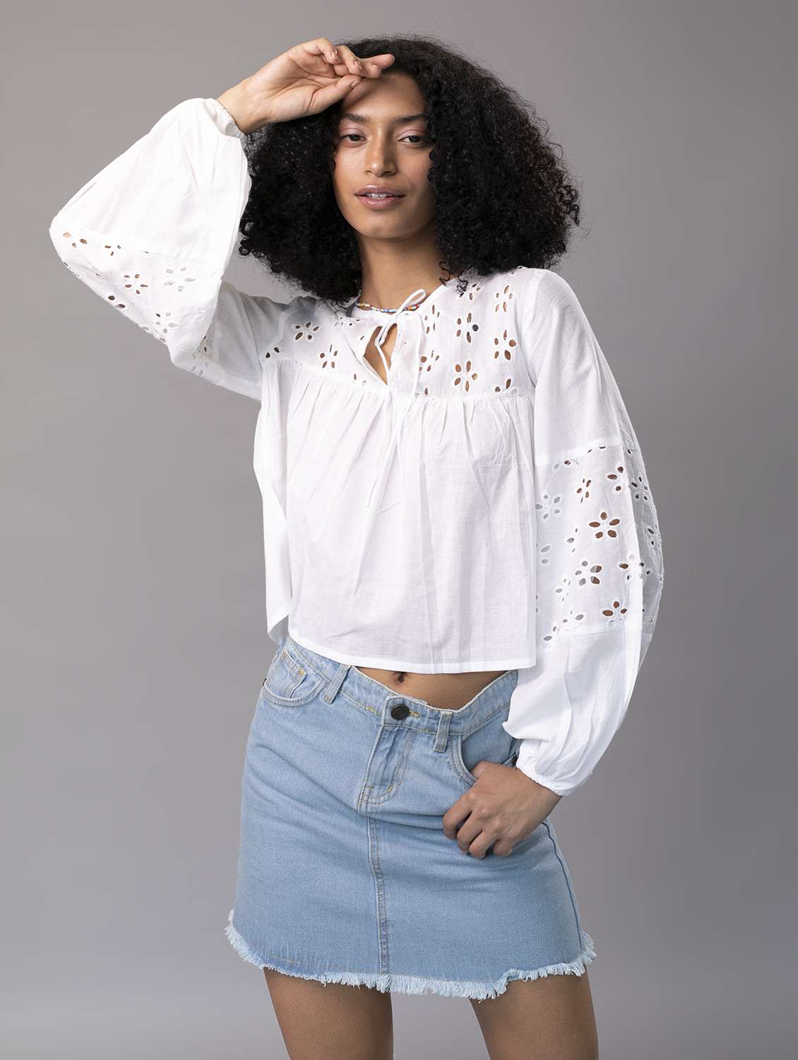 women optic white schiffli a-line top - 21295519 -  Standard Image - 1