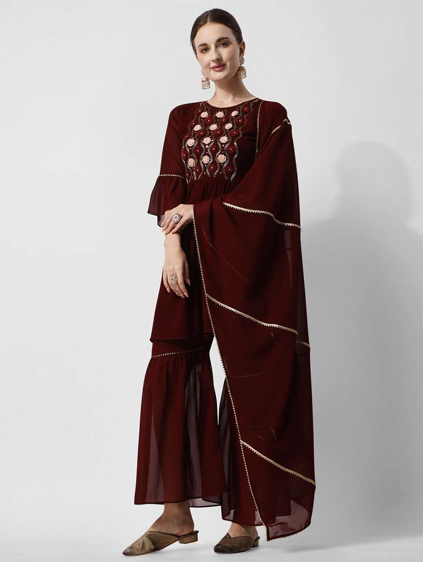 maroon self design kurta & sharara set