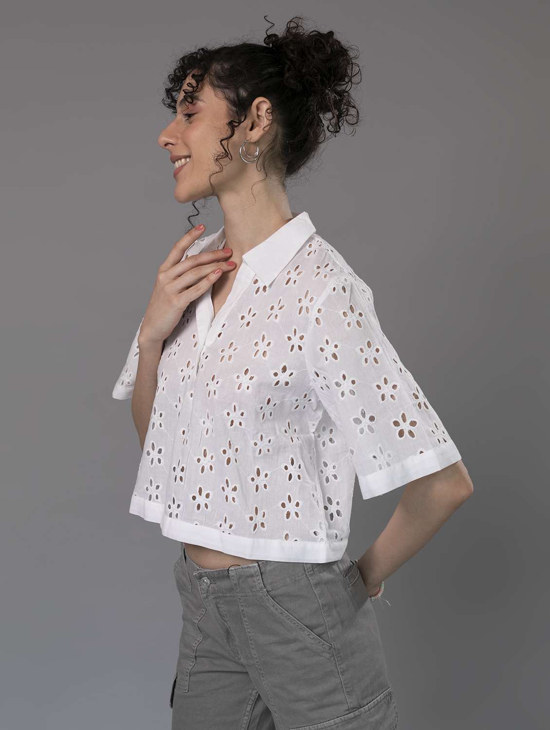 women schiffli collared  crop top - 21295698 -  Standard Image - 1