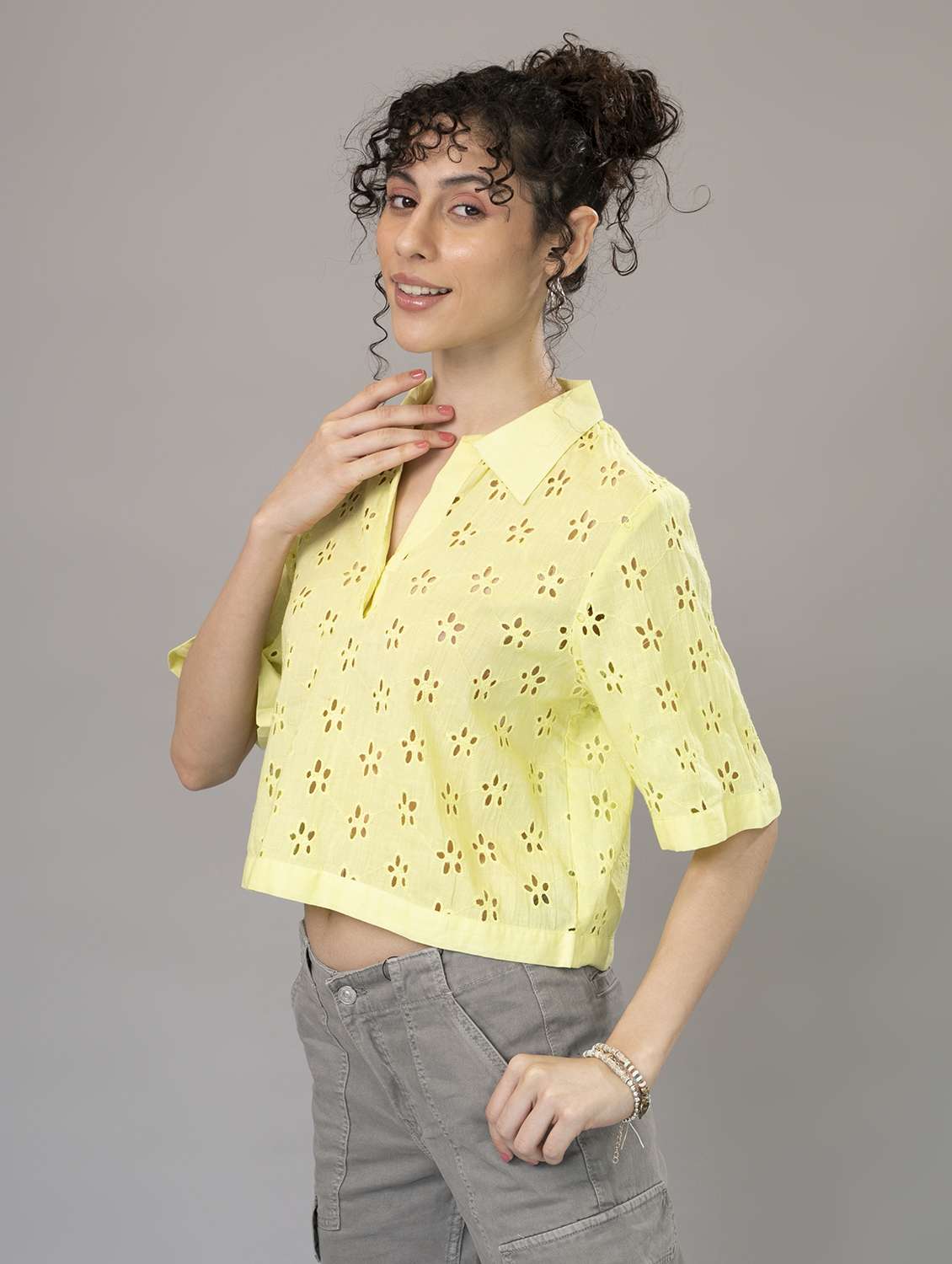 women yellow schiffli collared crop top - 21295704 -  Standard Image - 1