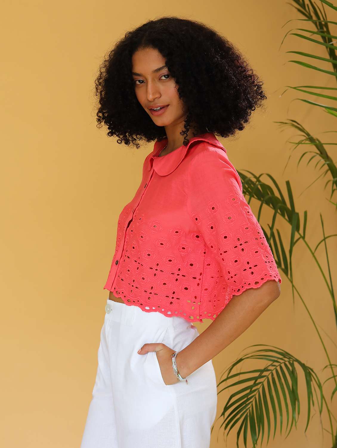 women peter pan collar schiffli shirt style top - 21295707 -  Standard Image - 1