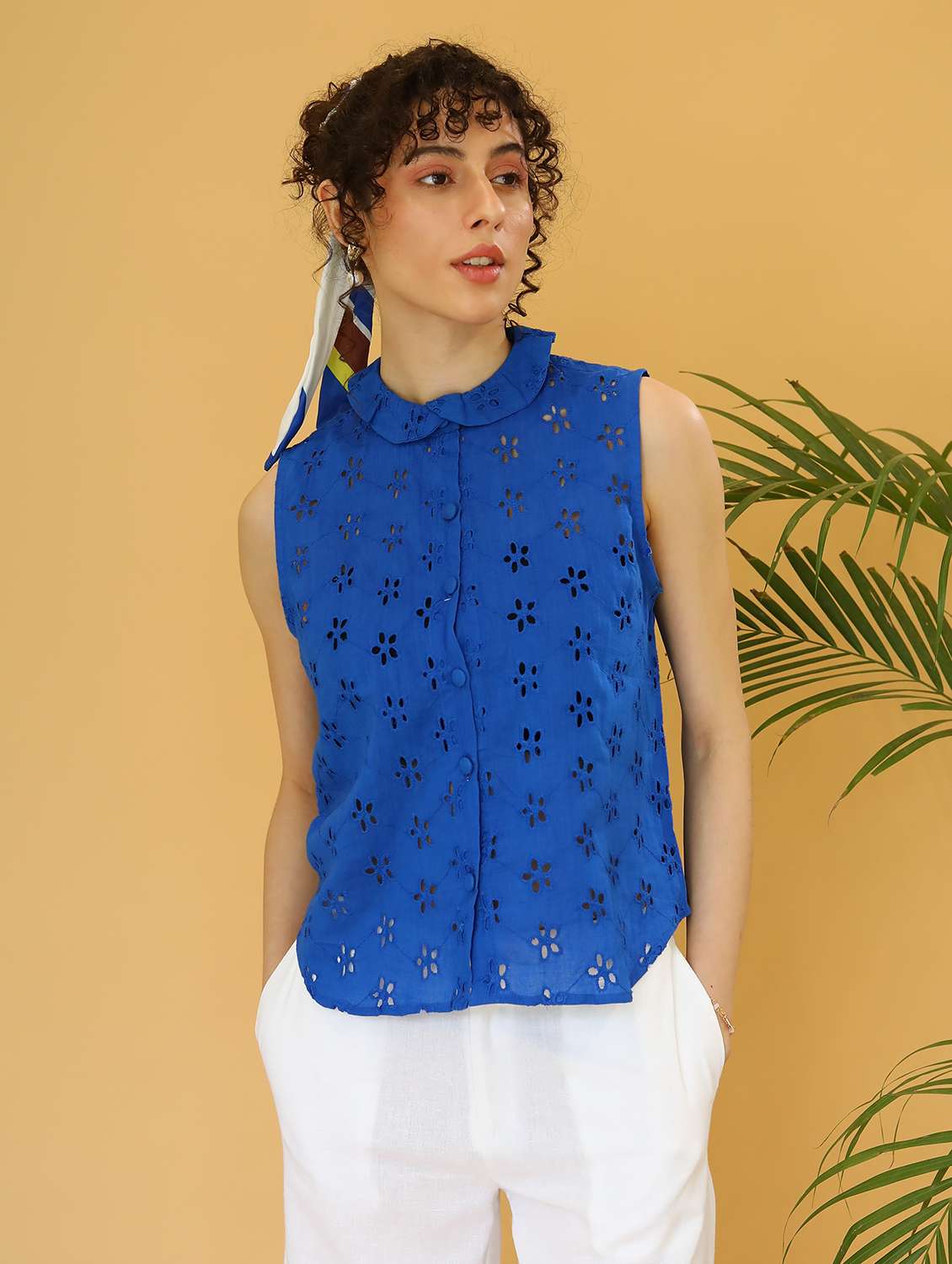 women blue schiffli shirt style top - 21295711 -  Standard Image - 1