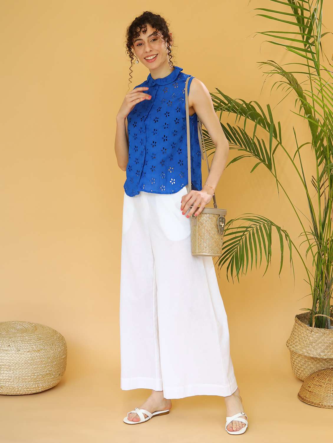 women blue schiffli shirt style top - 21295711 -  Standard Image - 4