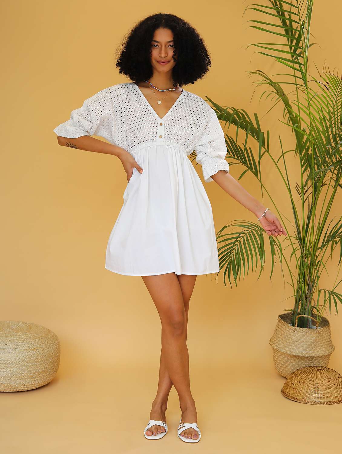 women white schiffli batwing sleeves a-line dress - 21295824 -  Standard Image - 1