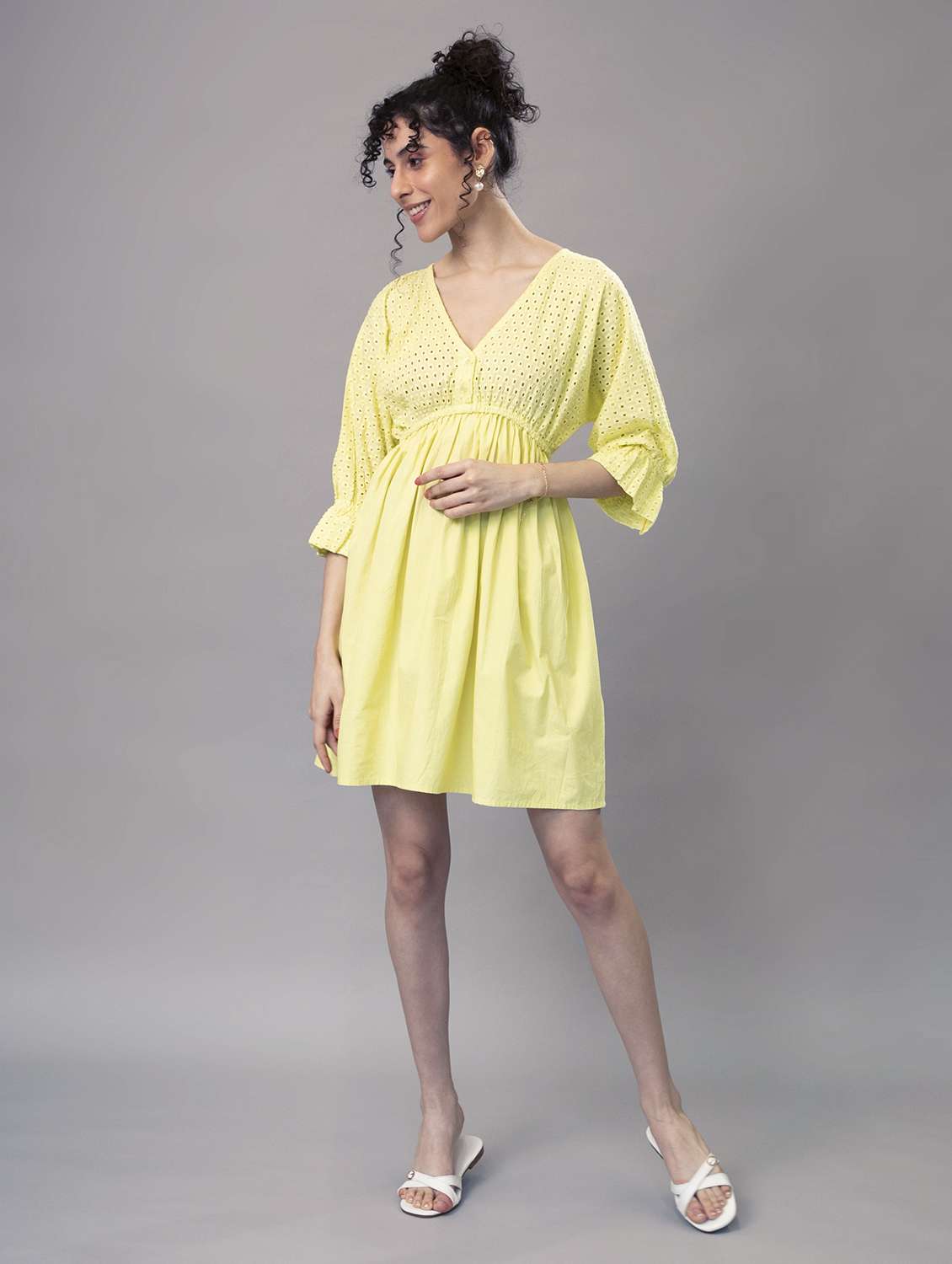 women yellow schiffli btwing sleeves a-line dress - 21295825 -  Standard Image - 1