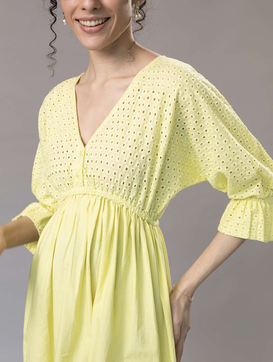 women yellow schiffli btwing sleeves a-line dress - 21295825 -  Standard Image - 4