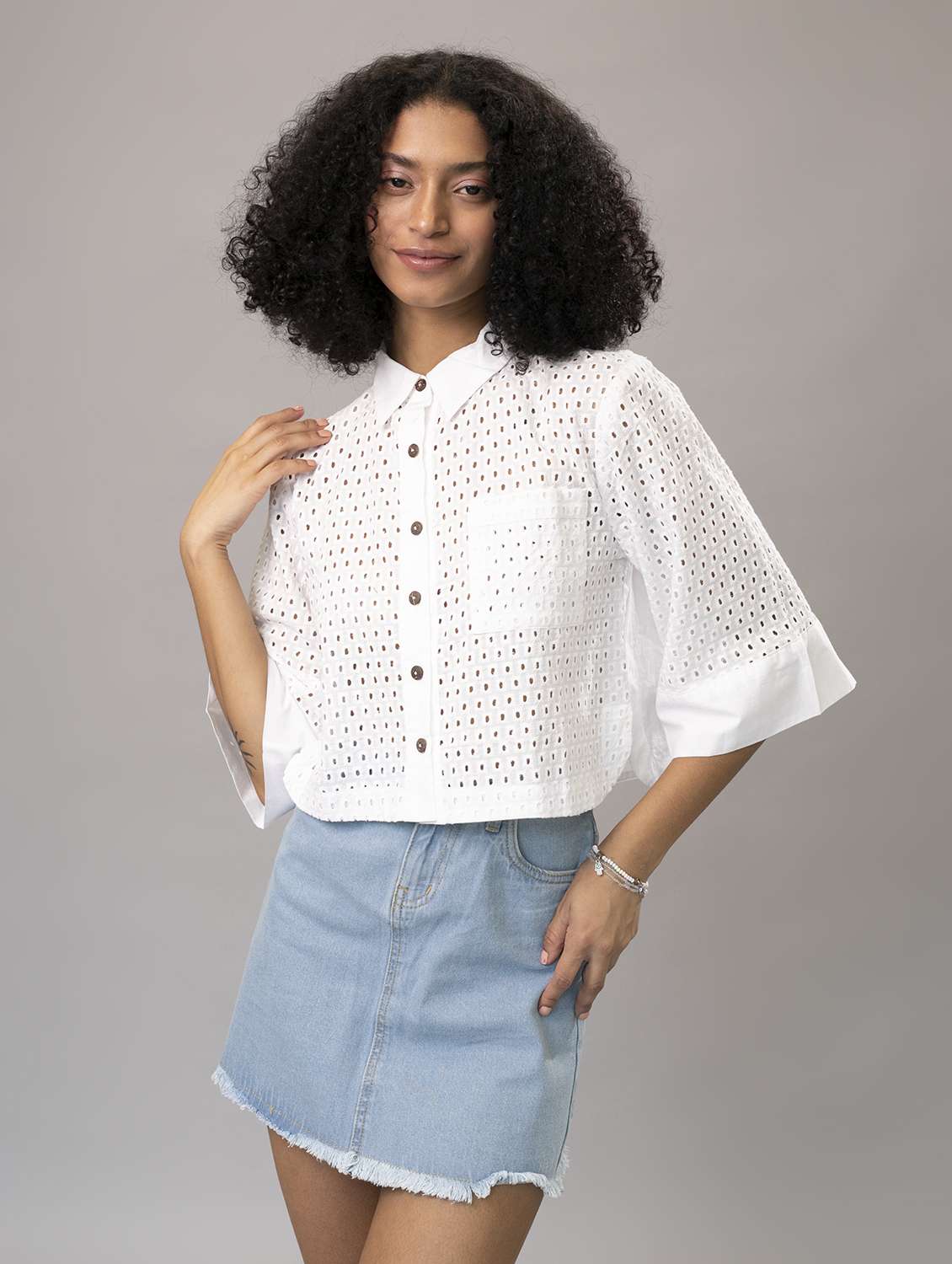women schiffli collared crop boxy shirt  - 21295826 -  Standard Image - 1