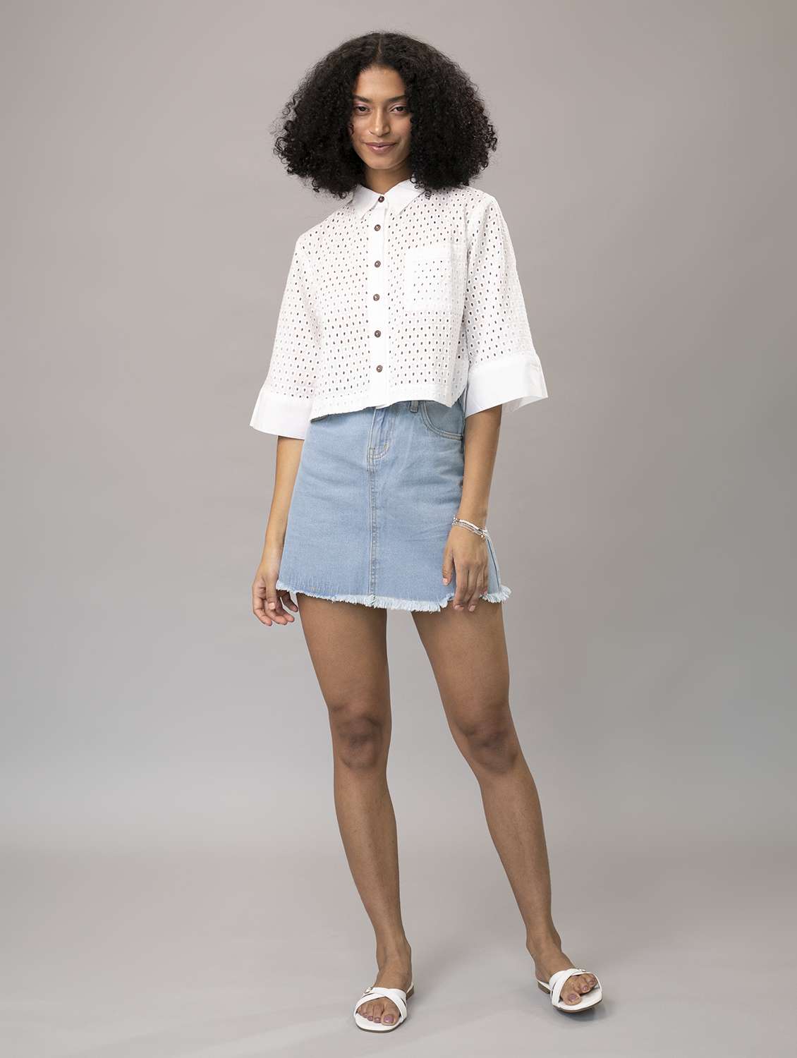 women schiffli collared crop boxy shirt  - 21295826 -  Standard Image - 4