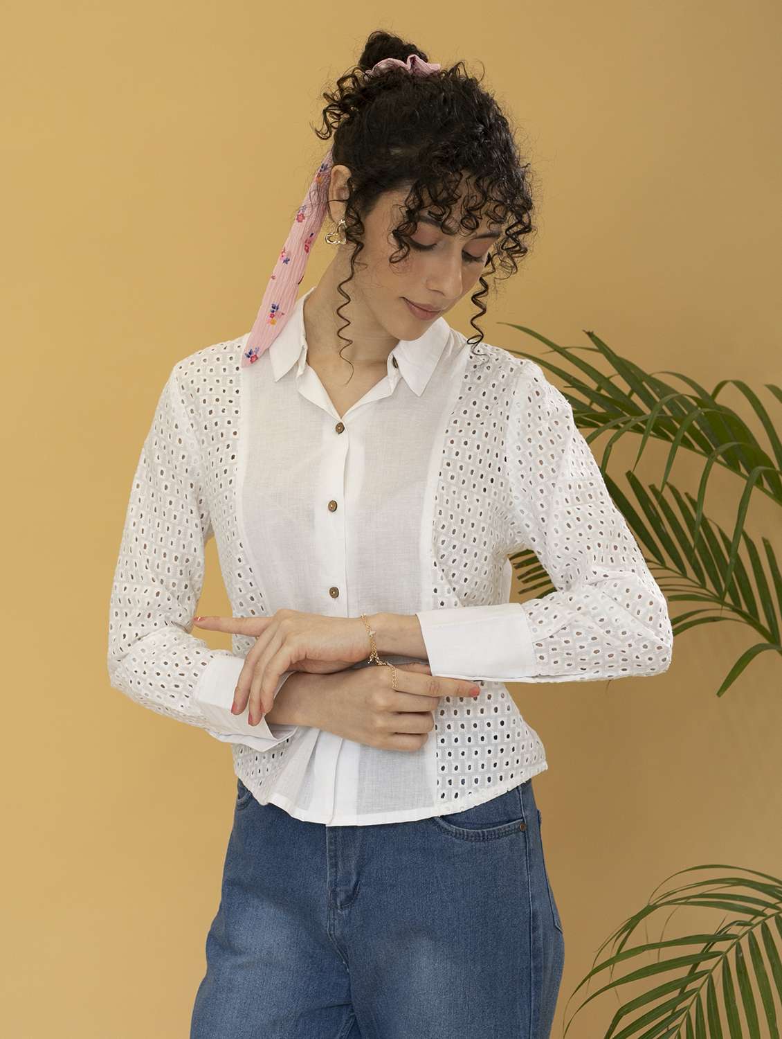 women optic white schiffli regular shirt - 21295828 -  Standard Image - 1